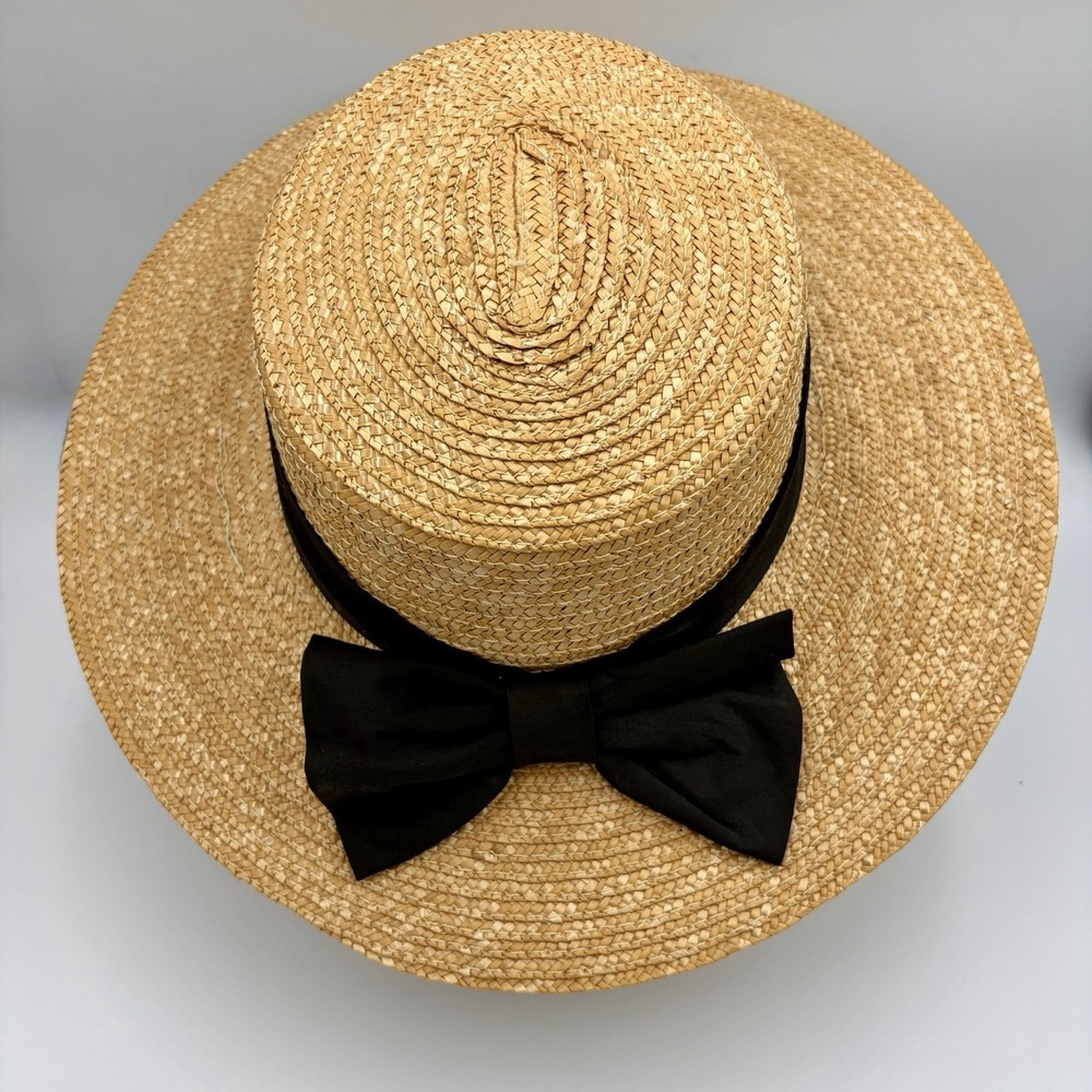 Scala Collection Straw Hat Wheat/Black Band Colored Woven Flat Brim Medium 15"